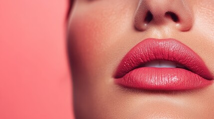 A partial facial view is presented with a prominent coral pink background, showcasing a modern and elegant aesthetic, emphasizing beauty and subtlety through color and composition.