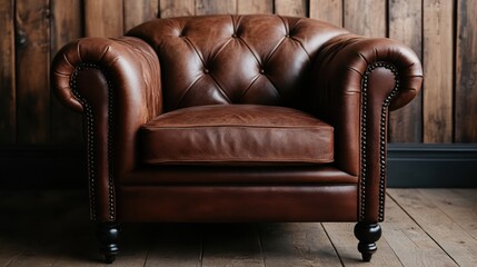 A luxurious leather armchair with deep brown color and tufts set against a backdrop of rich wooden planks, epitomizing classic comfort and timeless style.
