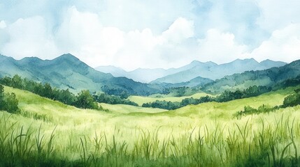 Serene Watercolor Landscape of Green Grasslands and Distant Hills