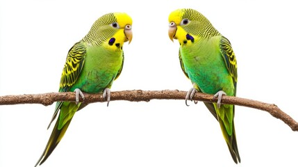 Two green parakeets on a branch isolated on white background