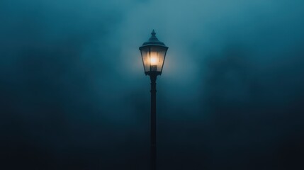 Fototapeta premium A single, classic-style lamp post stands illuminated against a foggy night background, casting light that barely penetrates the thick fog and creating an eerie and mysterious atmosphere.