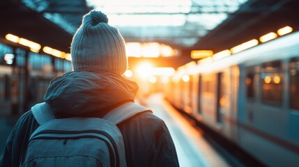 Individual in winter attire with a backpack stands on an empty train platform bathed in warm sunrise light, waiting for a train with anticipation and patience.
