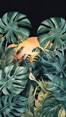 Obraz premium Watercolor tropical background with monstera leaves on a black background. For design of wedding invitations, greeting cards and banners.