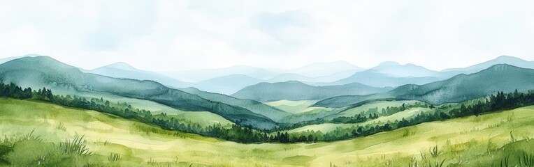 Obraz premium Serene Watercolor Landscape of Green Grasslands and Distant Hills
