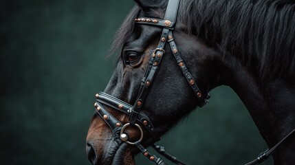 Fototapeta premium A stunning side profile of a horse, emphasizing the elegant black bridle decorated with numerous studs, set against a dark green background, showcasing equine grace.