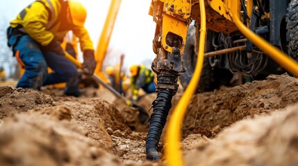 Close-up view of workers in safety gear digging a trench with a trench machine for fiber optic cable installation, showcasing detailed machinery.