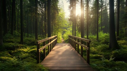 Obraz premium Path in a pine forest leading to a wooden bridge