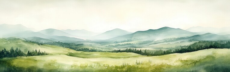 Obraz premium Serene Watercolor Landscape of Green Grasslands and Distant Hills
