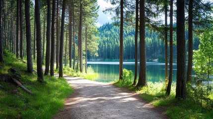 Obraz premium Path leading to a lake through pine forest