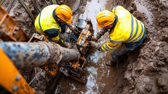 Two men in reflective work uniforms and hard hats using a trenching machine to lay fiber optic cables in a trench, 