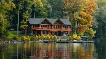 Obraz premium Lakefront house with a dock and a boat tied up