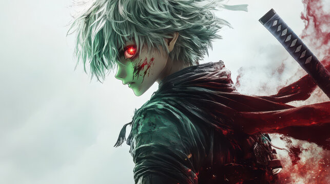 anime character with green hair and a red eye, holding a sword.
