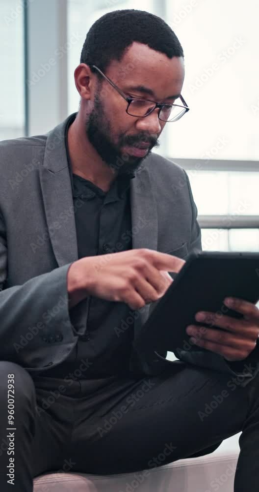 Poster business, black man and relax by typing on tablet for project research, update schedule and reading 