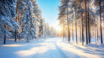 Obraz premium Path through snow-dusted pine forest