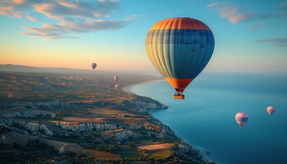 Obraz premium Hot air balloon over scenic landscape, colorful balloons, blue sky, watercolor style