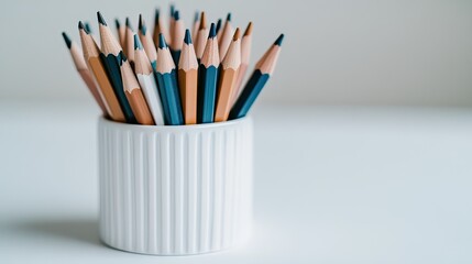 A modern desk features a pencil holder filled with vibrant colored pencils. The blurred background adds a warm ambiance, enhancing the inviting home environment