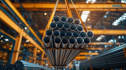 Overhead shot of a gantry crane loading a neatly organized stack of steel pipes onto a storage rack in a metallurgical plant workshop, with a focus on the crane is structural details.