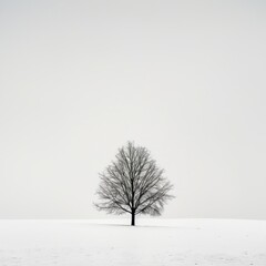 Fototapeta premium A solitary tree stands starkly against a vast snowy landscape, creating a minimalist and serene winter scene. The simplicity of the composition emphasizes the quiet beauty and solitude of the natural