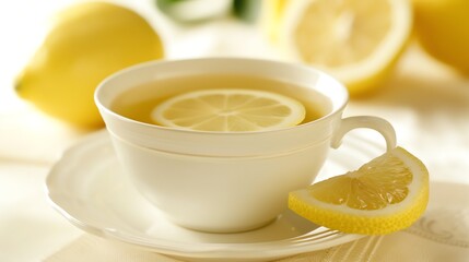 A white teacup with lemon tea and a lemon slice next to it.
