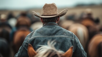 A cowboy wearing a hat seen from the rear, on horseback guiding a herd of cattle, evokes a sense of traditional ranching life with emphasis on the Western rural countryside.