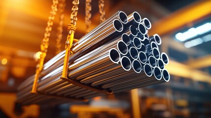 Overhead shot of a gantry crane loading a neatly organized stack of steel pipes onto a storage rack in a metallurgical plant workshop, 