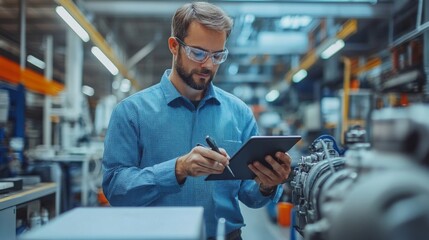 Worker Using Tablet in Industrial Factory
