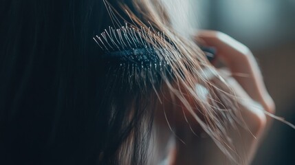 The person carefully brushes their hair with a comb, showcasing attention to grooming in a soft, natural light setting