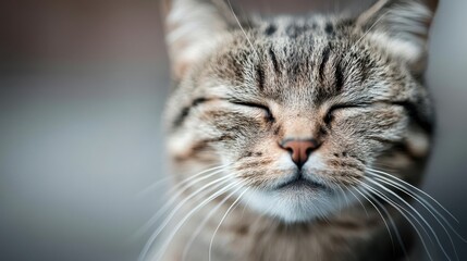 A tranquil close-up image of a tabby cat with its eyes closed, exuding a calm and content demeanor, perfectly capturing the serene moment.