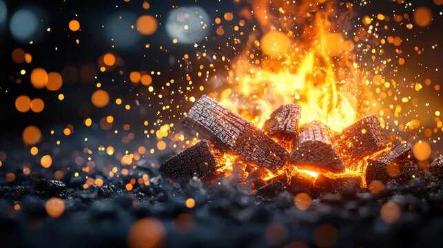 Powerful image of a medieval forge with a burst of sparks shooting into the air, set against a dark, contrasting background that emphasizes the vivid glow of the embers and the dramatic atmosphere