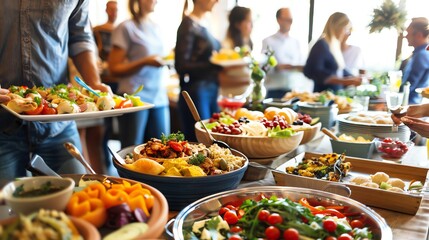 People gather around a buffet table filled with various delicious dishes.