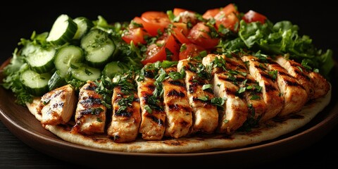 Grilled Chicken with Pita Bread, Cucumber, Tomatoes, and Salad Greens