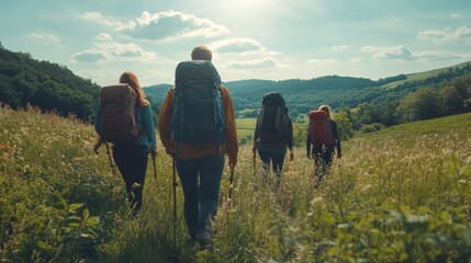 Group Hiking in Scenic Countryside