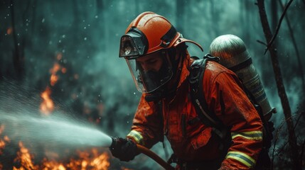 Fototapeta premium Firefighter battling forest blaze
