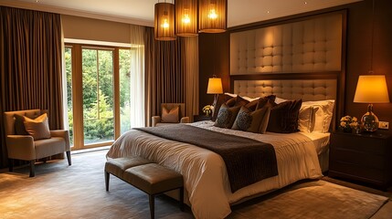 Photograph showcasing a lavish bedroom with a king sized bed silk curtains and modern high end lighting fixtures that create a peaceful tranquil atmosphere