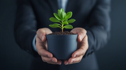 A businessman holding a potted plant with growing leaves, symbolizing strategic business growth and development over time 
