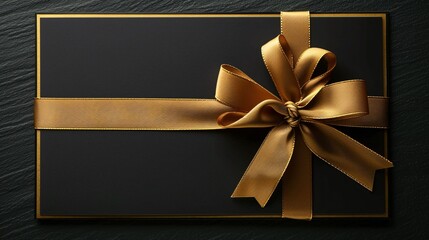 Gift card with gold bow and ribbon on black background. Top view with copy space.