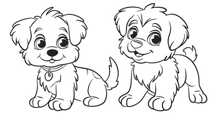 Fototapeta premium Adorable black and white illustration of two happy cartoon puppies, perfect for coloring books, kids' activities, or pet-themed designs.