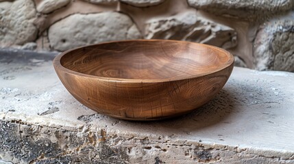 A large wooden bowl sits on a stone surface.