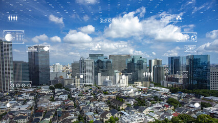 Smart city aerial view with transparent data charts and graphs