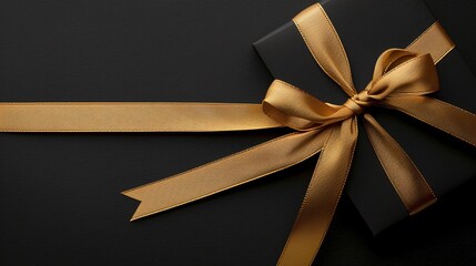 Fototapeta premium Gift card with gold bow and ribbon on black background. Top view with copy space.