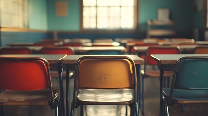 Fototapeta premium Empty Classroom Chairs and Desks Education Learning School Back to School