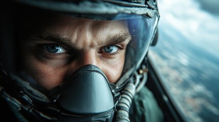View from within a fighter jet helmet with an external view of the sky, highlighting the perspective of a pilot and the advanced aerospace technology used in modern military aviation.