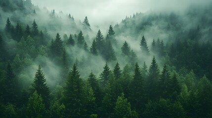 Misty Forest Landscape with Green Trees