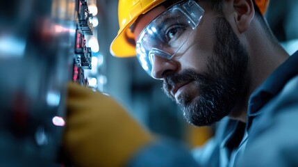 A technician with a hard hat is diligently working on a control panel, showcasing the technical proficiency and safety measures taken in industrial environments.