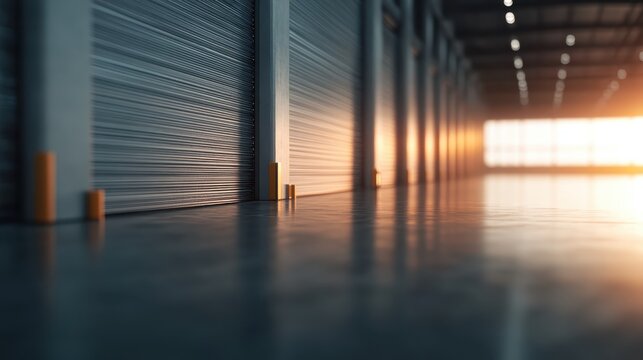 A spacious warehouse interior with raised shutters, bathed in warm sunlight, conveying a sense of openness and inviting atmosphere in a modern industrial setting.