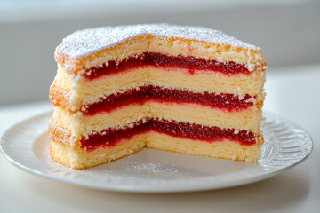 delicious piece of multi-layered sponge cake with raspberries on a white plate