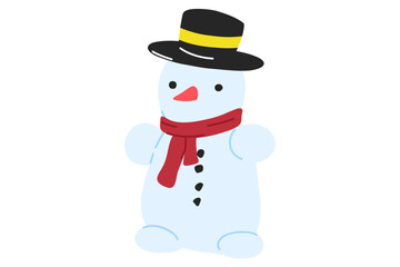 Snowman character. Christmas cute winter snowman in new year scarve and hat. Children cartoon character. Stock vector illustration isolated on a white background.