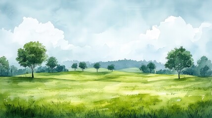 Serene Watercolor Landscape of Green Grasslands and Distant Hills