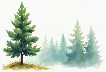Obraz premium Illustration of watercolor forest with trees, natural landscape background