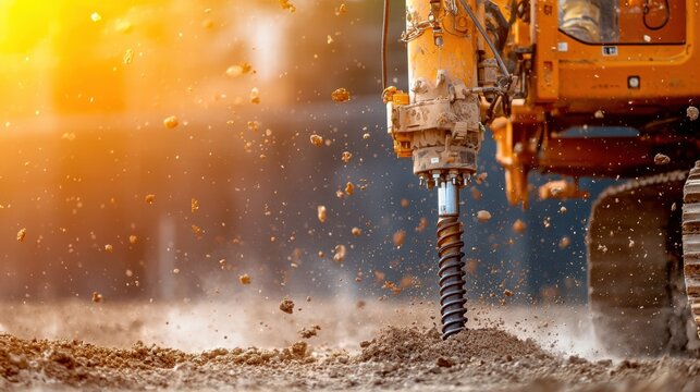 A close-up view of a heavy-duty drill rig operating on a construction site, focusing on the screw pile being driven into the ground with dust and debris flying around